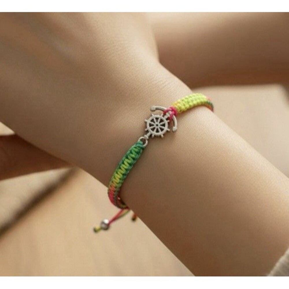 Nautical Anchor & Ship Wheel Bracelet Silver Beads Adjustable Rope Unisex 6-9" - Picture 4 of 4